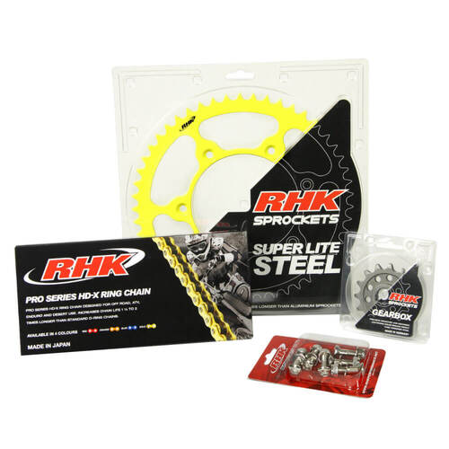 RHK Suzuki Gold HD-X Ring Chain & Yellow Super Lite Steel Sprocket Kit