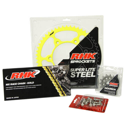 RHK Suzuki Gold MX Chain & Yellow Super Lite Steel Sprocket Kit