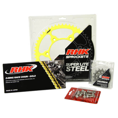 RHK Suzuki Gold O-Ring Chain & Yellow Super Lite Steel Sprocket Kit