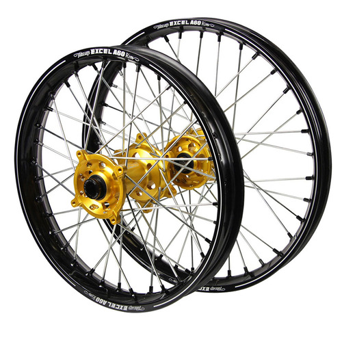 Suzuki SM Pro Gold Hubs / A60 Black Rims / Black Nipples Wheel Set DR-Z 400 E 2000-2024 (21*1.60 / 18*2.15)