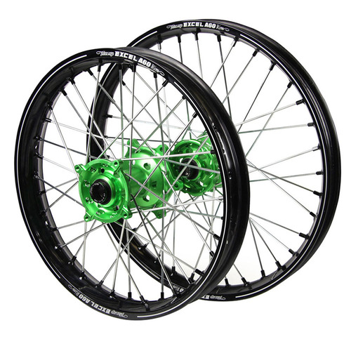 Kawasaki SM Pro Green Hubs / A60 Black Rims / Black Nipples Wheel Set KLX 450 R 2008-2024 (21*1.60 / 18*2.15 Cannot use OEM speedo)