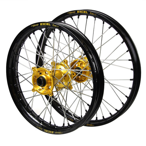 Suzuki SM Pro Gold Hubs / Excel Black Rims / Black Nipples Wheel Set DR-Z 400 E 2000-2024 (21*1.60 / 18*2.15)