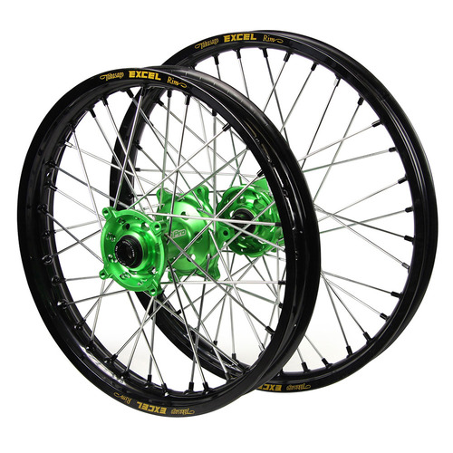 Kawasaki SM Pro Green Hubs / Excel Black Rims / Black Nipples Wheel Set