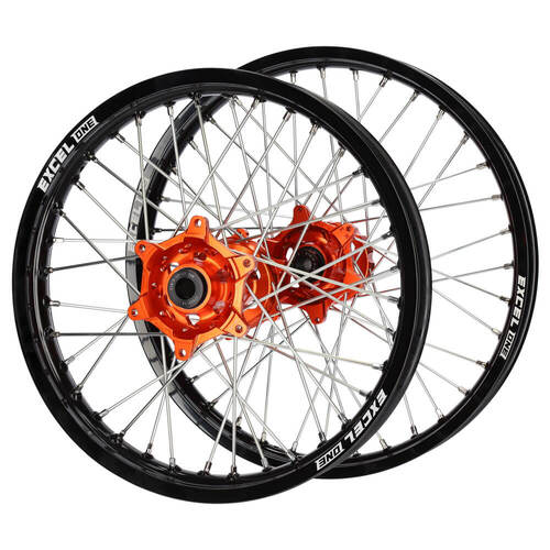 Husaberg SM Pro Orange Hubs / Excel ONE Black Rims Wheel Set FE 450 E 2003-2012 (21*1.6 / 18*2.15 OE)