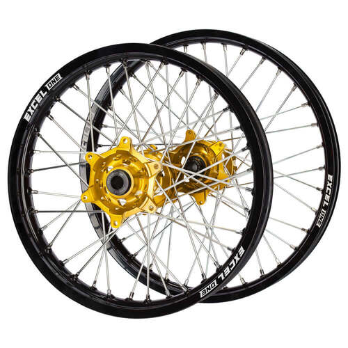 Suzuki SM Pro Gold Hubs / Excel ONE Black Rims Wheel Set DR-Z 400 E 2000-2024 (21*1.6 / 18*2.15 OE)