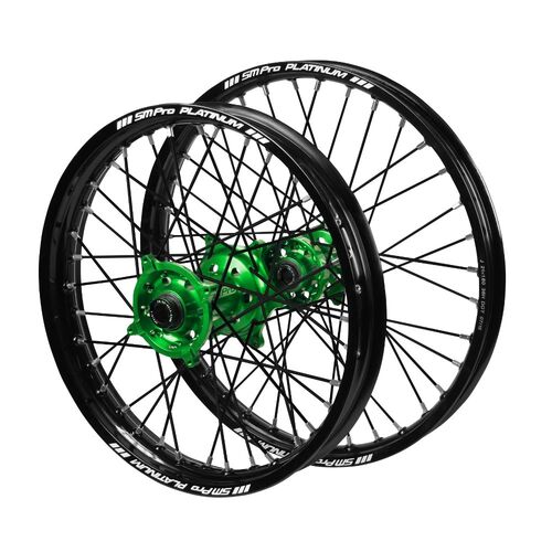 Kawasaki SM Pro Green Hubs / SM Pro Platinum Junior Black Rims / Black Spokes Wheel Set KX 65 2000-2025 (14*1.60 / 12*1.60)