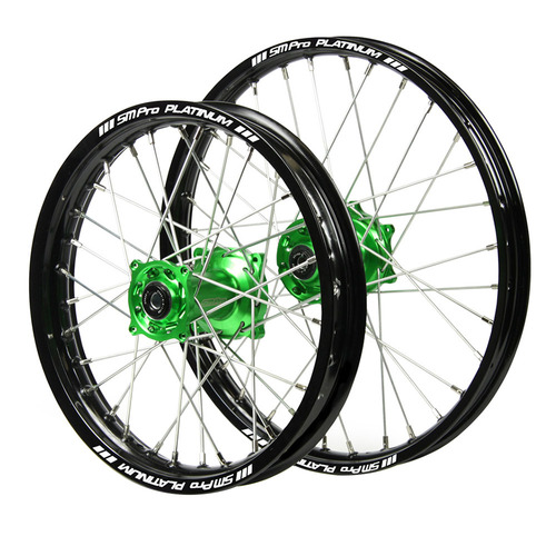 Kawasaki SM Pro Green Hubs / SM Pro Platinum Junior Black Rims Wheel Set KX 65 2000-2025 (14*1.60 / 12*1.60)