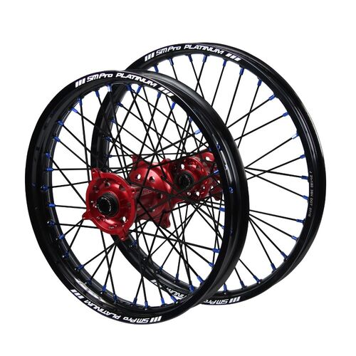 Honda SM Pro Red Hubs / SM Pro Platinum Black Rims / Blue Nipples / Black Spokes Wheel Set