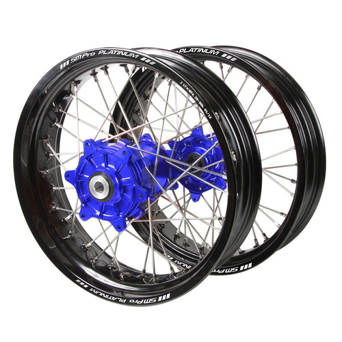 Yamaha SM Pro / Platinum Supermoto Cush Drive Black Rims / Blue Hubs Wheel Set