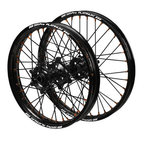 Husqvarna SM Pro Black Hubs / SM Pro Platinum Black Rims / Orange Nipples / Black Spokes Wheel Set TE 150 2017-2024 (21*1.6 / 18*2.15 OE)