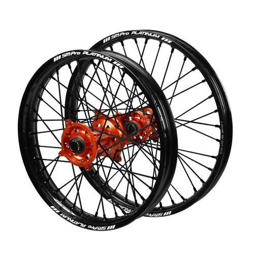 Husqvarna SM Pro Orange Hubs / SM Pro Platinum Black Rims / Black Nipples / Black Spokes Wheel Set TE 250 2014-2025 (21*1.6 / 18*2.15 OE)