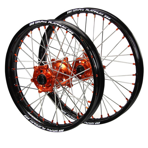 Husaberg SM Pro Orange Hubs / SM Pro Platinum Black Rims / Orange Nipples Wheel Set FX 450 2010-2011 (21*1.6 / 18*2.15)