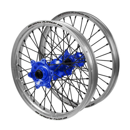 Gas Gas SM Pro Blue Hubs / SM Pro Platinum Silver Rims / Black Nipples / Black Spokes Wheel Set EC 250 2021-2025 (21*1.6 / 18*2.15 OE)