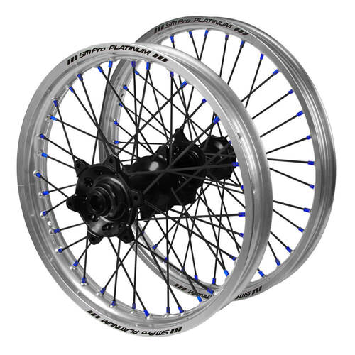 Gas Gas SM Pro Black Hubs / SM Pro Platinum Silver Rims / Blue Nipples / Black Spokes Wheel Set EC 250 F 2021-2025 (21*1.6 / 18*2.15 OE)