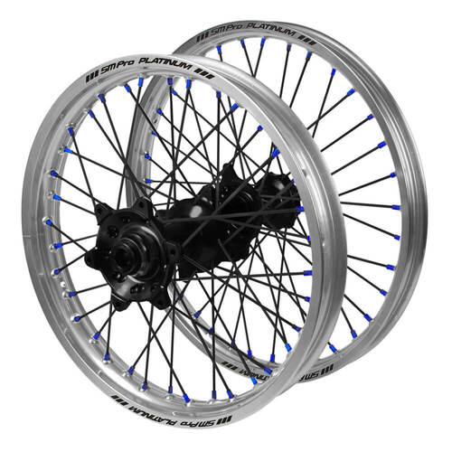 Husaberg SM Pro Black Hubs / SM Pro Platinum Silver Rims / Blue Nipples / Black Spokes Wheel Set