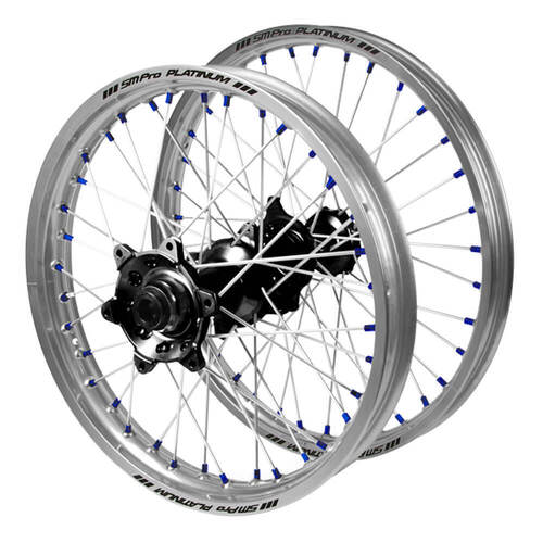 Gas Gas SM Pro Black Hubs / SM Pro Platinum Silver Rims / Blue Nipples Wheel Set EC 250 F 2021-2025 (21*1.6 / 18*2.15 OE)