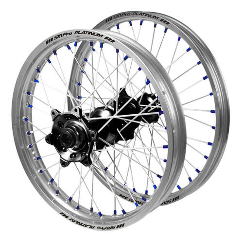 Husaberg SM Pro Black Hubs / SM Pro Platinum Silver Rims / Blue Nipples Wheel Set