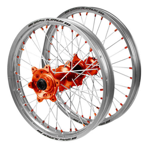 Gas Gas SM Pro Orange Hubs / SM Pro Platinum Silver Rims / Orange Nipples Wheel Set EC 300 2021-2025 (21*1.6 / 18*2.15 OE)