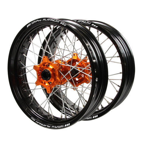 KTM SM Pro / Platinum Supermoto Non Cush Black Rims / Orange Hubs Wheel Set