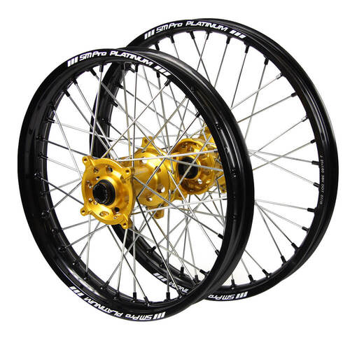 Suzuki SM Pro Gold Hubs / SM Pro Platinum Black Rims / Black Nipples Wheel Set DR-Z 400 E 2000-2024 (21*1.6 / 18*2.15 OE)