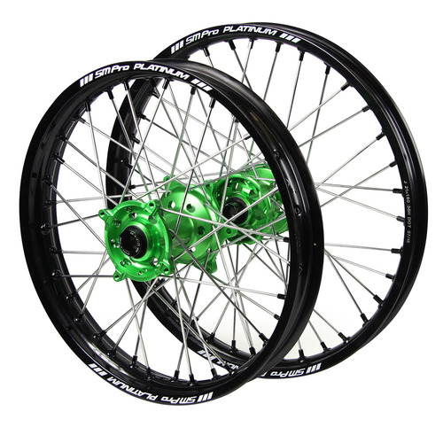 Kawasaki SM Pro Green Hubs / SM Pro Platinum Black Rims / Black Nipples Wheel Set KLX 450 R 2008-2025 (21*1.6 / 18*2.15 OE Cannot use OEM Speedo)
