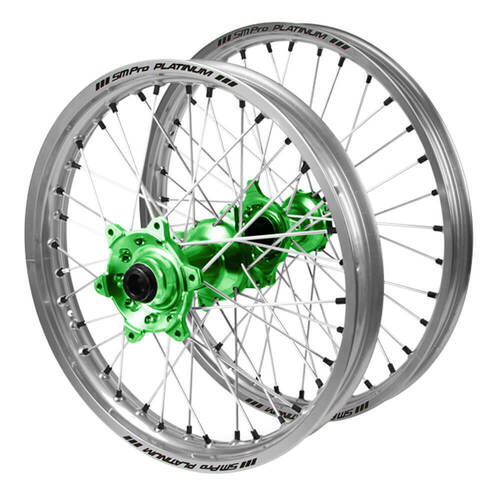 Kawasaki SM Pro Green Hubs / SM Pro Platinum Silver Rims / Black Nipples Wheel Set KX 250 X 2021-2025 (21*1.6 / 19*2.15)
