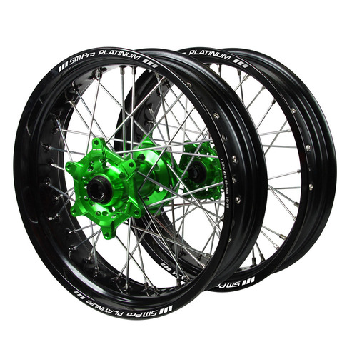 Kawasaki SM Pro Green Hubs / SM Pro Platinum Black Rims Dirt Track Wheel Set KX 125 2006-2008 (19*2.15 / 19*2.50)
