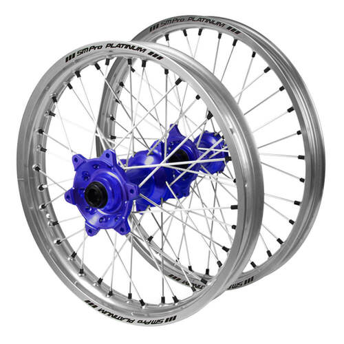 Sherco SM Pro Blue Hubs / SM Pro Platinum Silver Rims / Black Nipples Wheel Set 500 SEF 2019-2023 (21*1.6 / 18*2.15 OE)