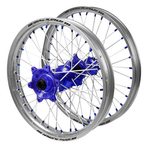 Sherco SM Pro Blue Hubs / SM Pro Platinum Silver Rims / Blue Nipples Wheel Set 500 SEF 2019-2023 (21*1.6 / 18*2.15 OE)