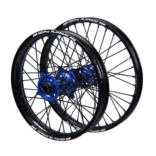 Sherco SM Pro Blue Hubs / SM Pro Platinum Black Rims / Blue Nipples / Black Spokes Wheel Set 500 SEF 2019-2023 (21*1.6 / 18*2.15 OE)