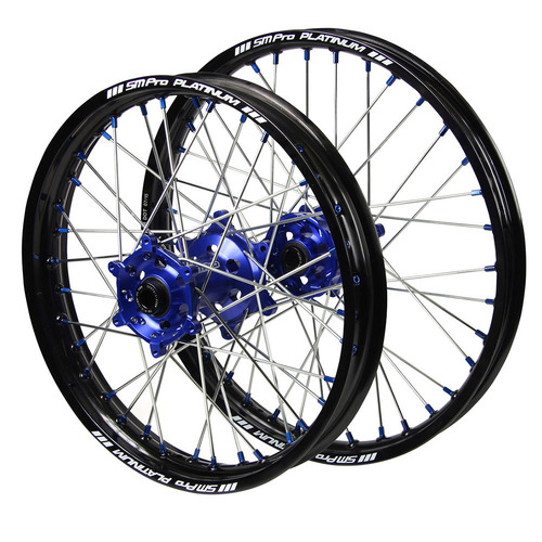 Sherco SM Pro Blue Hubs / SM Pro Platinum Black Rims / Blue Nipples Wheel Set 500 SEF 2019-2023 (21*1.6 / 18*2.15 OE)