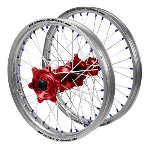 Beta SM Pro Red Hubs / SM Pro Platinum Silver Rims / Blue Nipples Wheel Set
