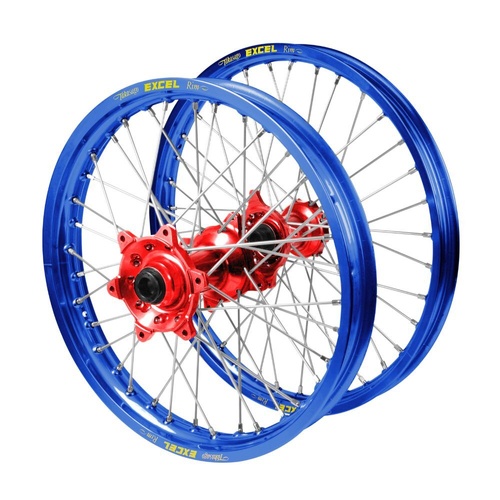 Suzuki RM 85 2002-2025 (19*1.40 / 16*1.85 OE) Talon Red Hubs / Excel Junior Blue Rims Wheel Set