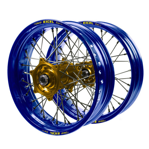 Honda Talon Gold Hubs / Excel Blue Rims Supermotard Wheel Set CRF 250 X 2004-2016 (17*3.50 / 17*4.25)