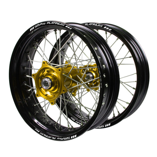 Suzuki Talon Gold Hubs / SM Pro Platinum Black Rims Supermotard Wheel Set
