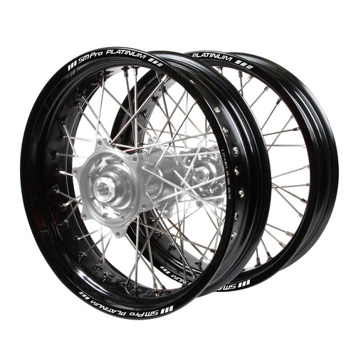 Honda Talon Silver Hubs / SM Pro Platinum Black Rims Supermotard Wheel Set CRF 250 X 2004-2016 (17*3.50 / 17*4.25)