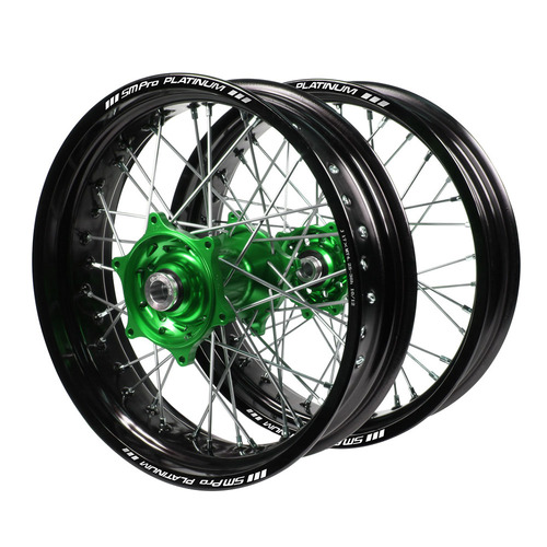 Kawasaki Talon Green Hubs / SM Pro Platinum Black Rims Supermotard Wheel Set