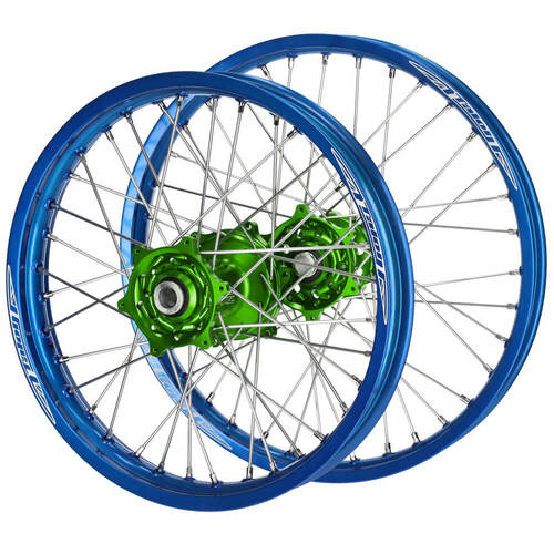 Suzuki Talon Green Hubs / Talon Blue Rims Wheel Set DR-Z 400 E 2000-2019 (21*1.6 / 18*2.15)