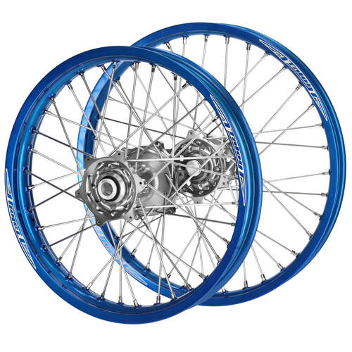 Suzuki RM-Z 250 2007-2026 (21*1.60 / 18*2.15) Talon Silver Hubs / Talon Blue Rims Wheel Set